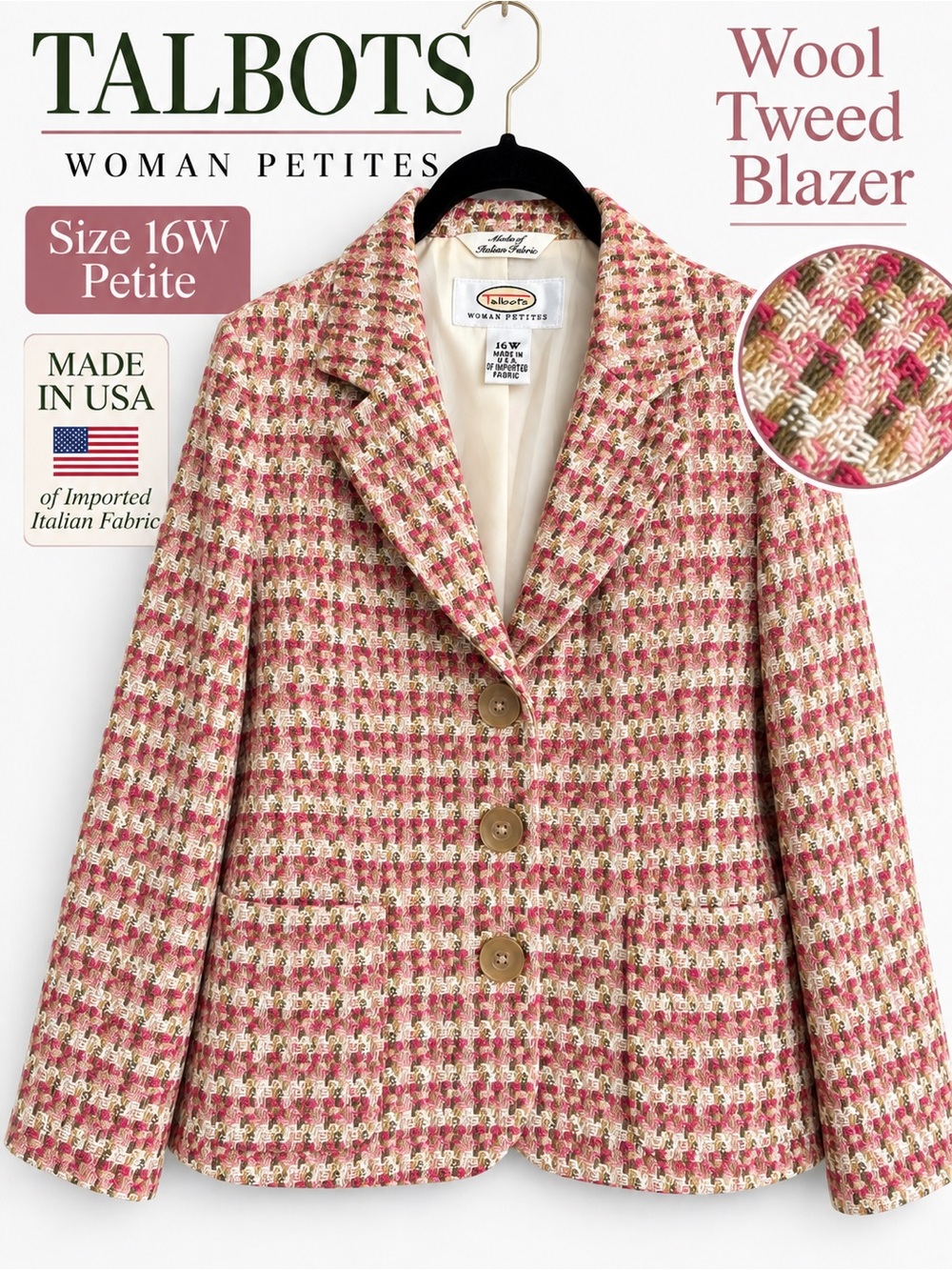 Vintage Talbots Petites Pink Wool Tweed Blazer Made in USA Size 16W